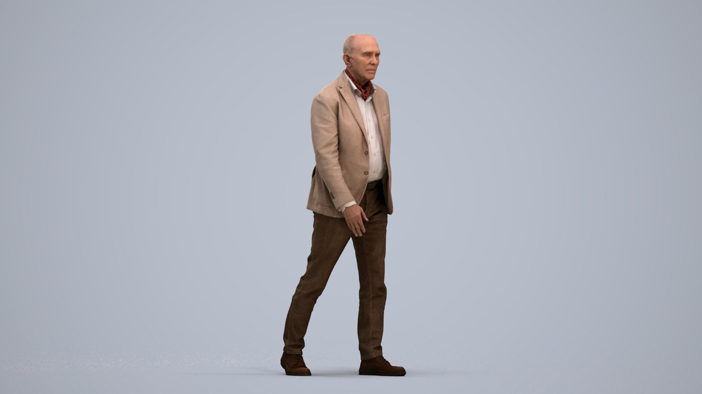 3D scanned senior man walking business, photorealistic archviz people for Enscape and SketchUp, standing pose render