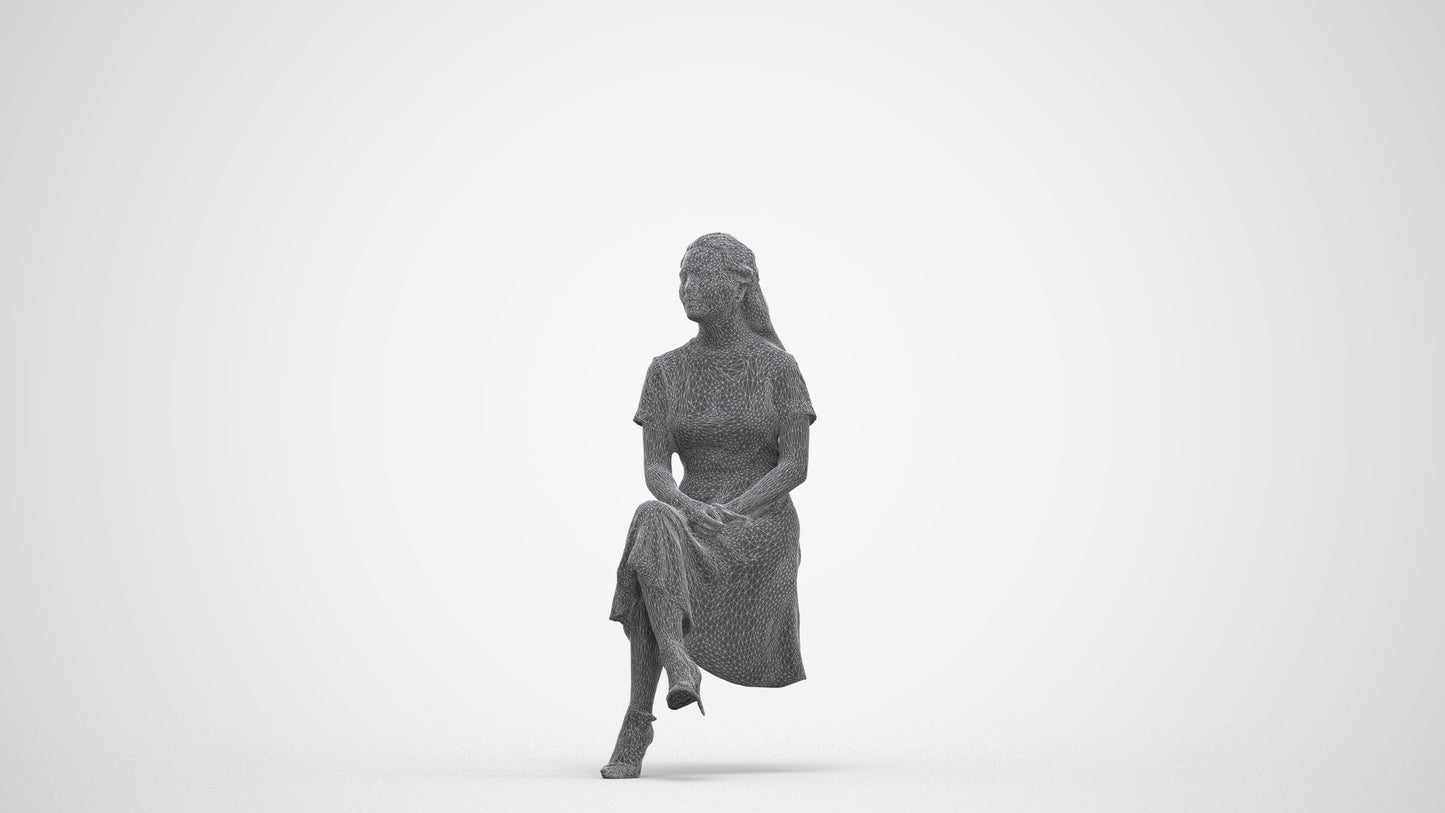 realistic 3D woman casual sitting, scanned archviz people for Blender and 3ds Max, three-quarter front view render