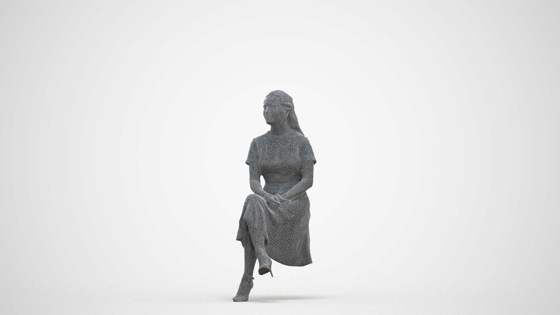 realistic 3D woman casual sitting, scanned archviz people for Blender and 3ds Max, three-quarter front view render