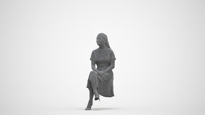realistic 3D woman casual sitting, scanned archviz people for Blender and 3ds Max, three-quarter front view render