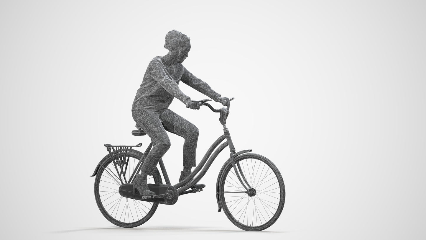 scanned 3D woman casual cycling, photogrammetry people for Enscape and V-Ray, wireframe side view
