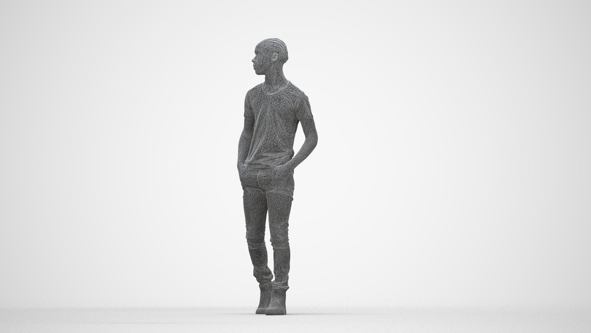 3D human model boy casual kids, photogrammetry scanned person for archviz, wireframe back view