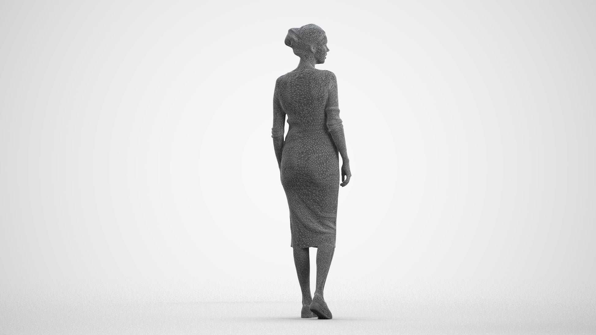 3D scanned woman walking casual, photorealistic archviz people for Enscape and SketchUp, wireframe front view