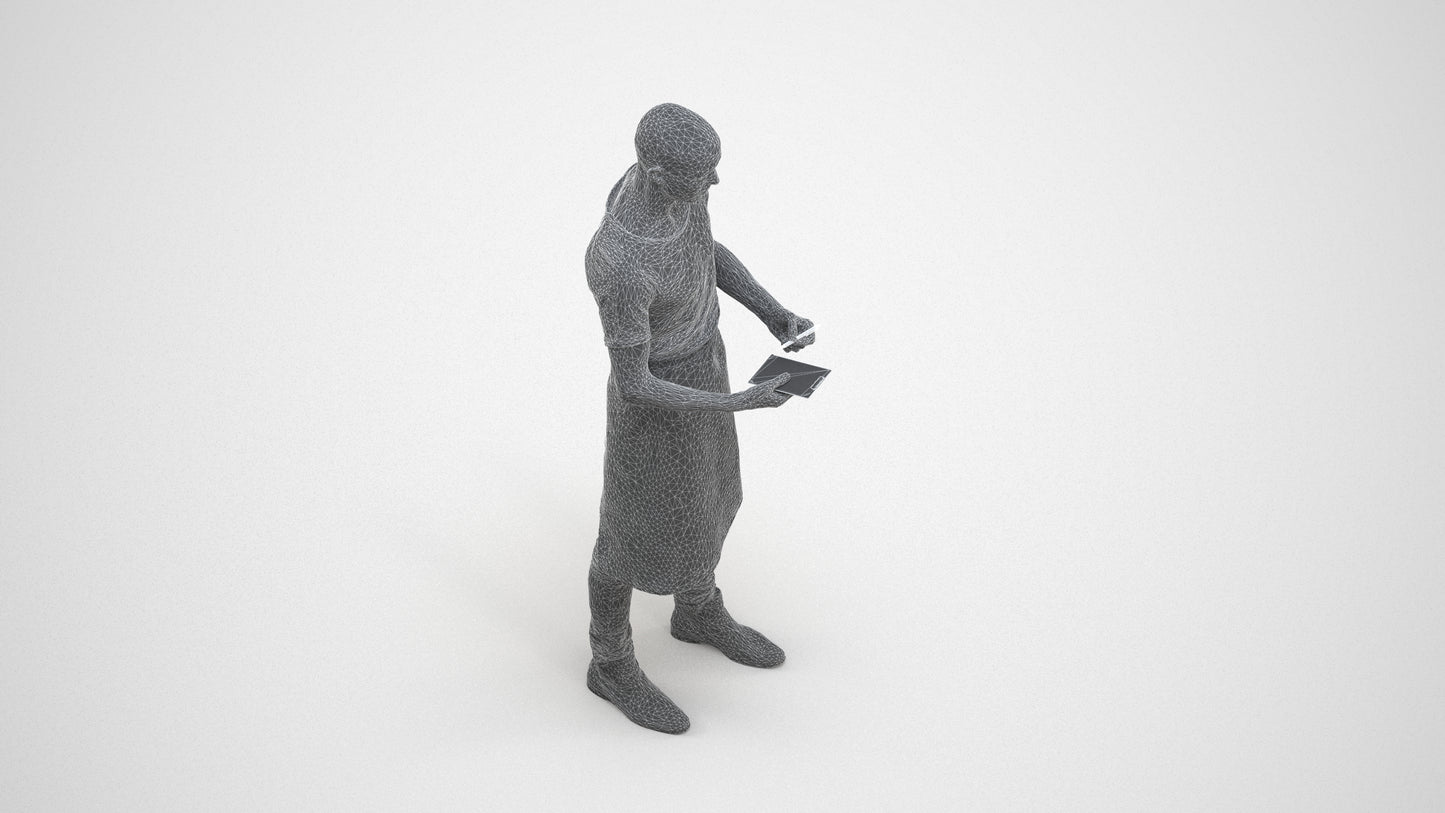 3D human model man hospitality, photogrammetry scanned person for archviz, wireframe three-quarter view
