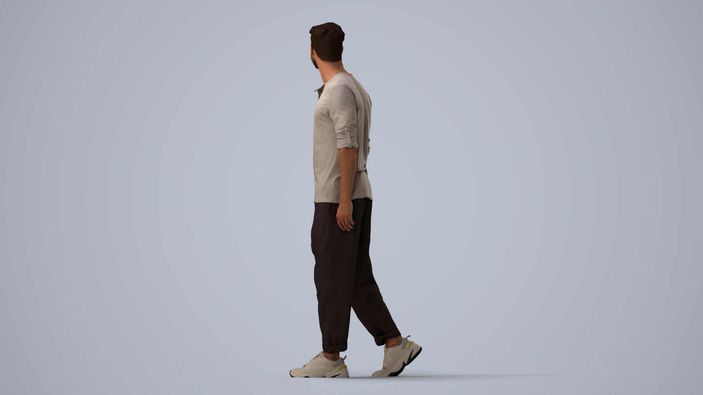 realistic 3D human man casual walking, archviz people FBX OBJ for Blender, three-quarter view render