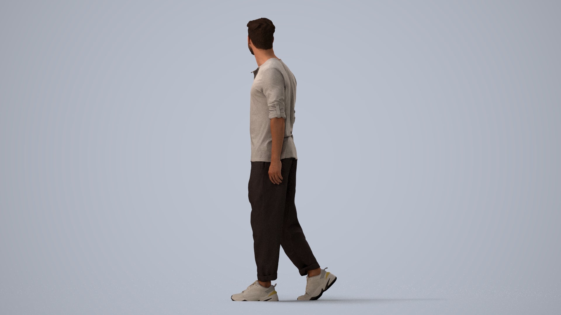 realistic 3D human man casual walking, archviz people FBX OBJ for Blender, three-quarter view render