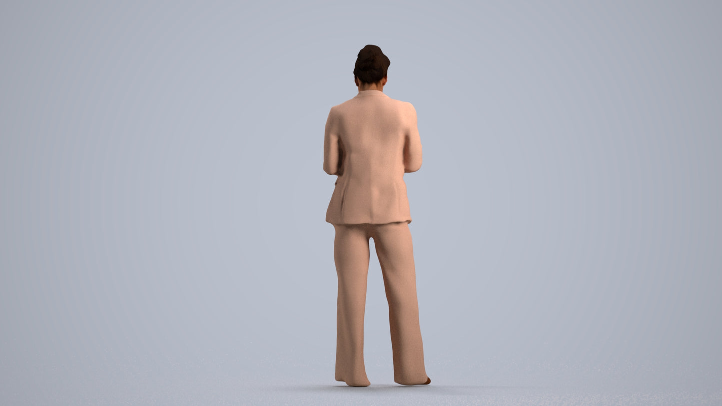 3D human model woman business standing, photogrammetry scanned person for archviz, front view render