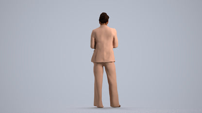 3D human model woman business standing, photogrammetry scanned person for archviz, front view render