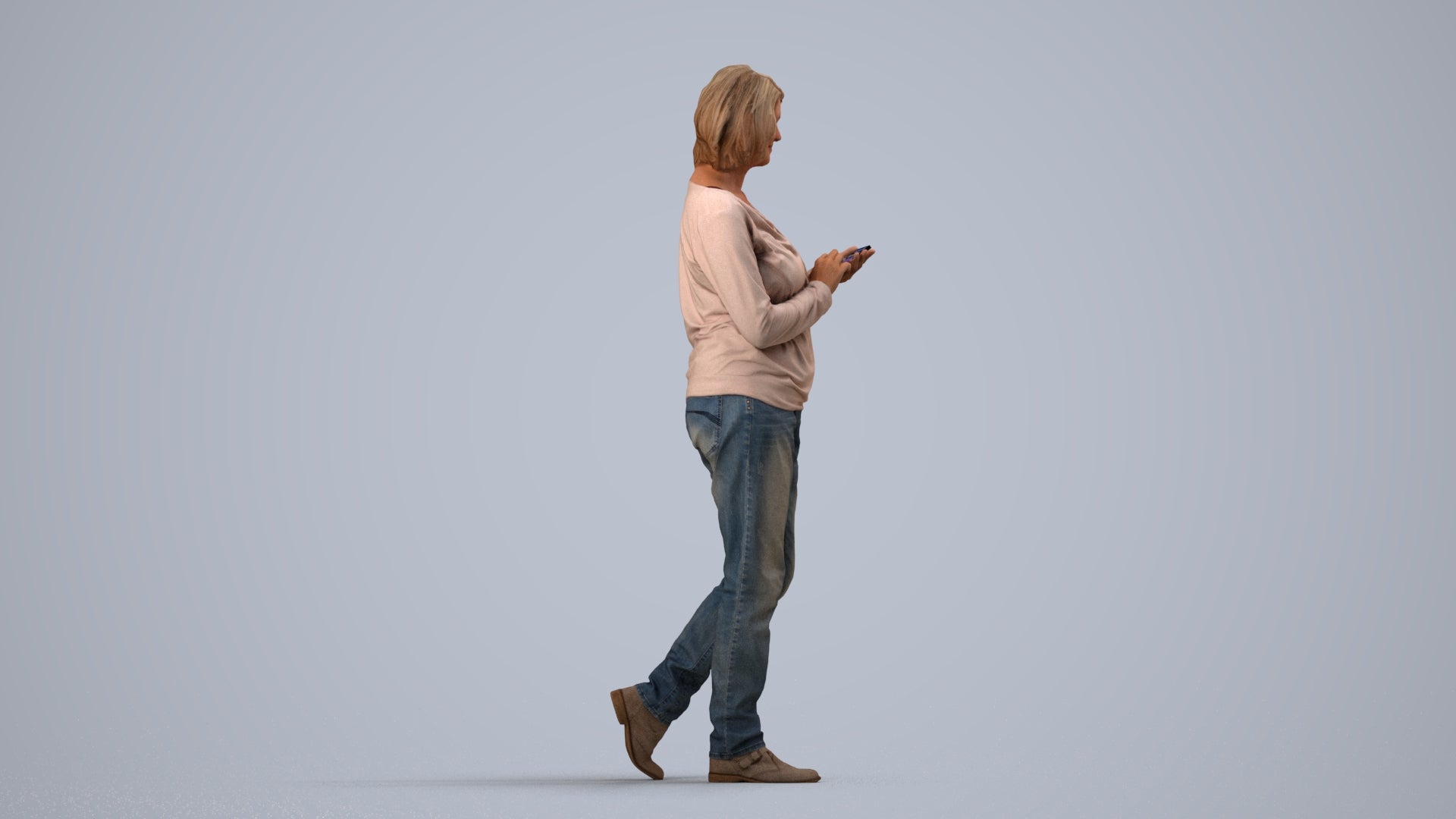 realistic 3D people woman casual walking, render-ready for V-Ray and Corona, FBX OBJ, side view render