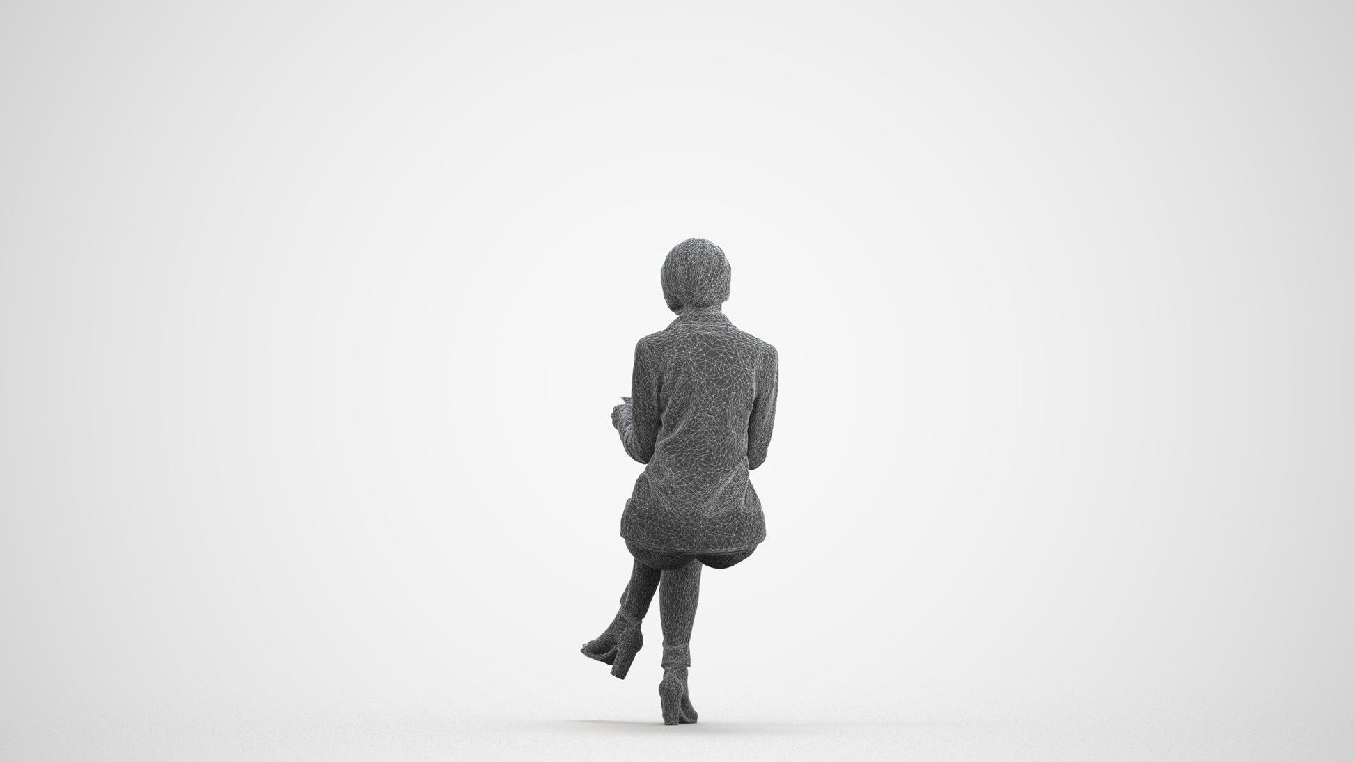3D people model woman casual sitting, scanned human for 3ds Max rendering, wireframe front view