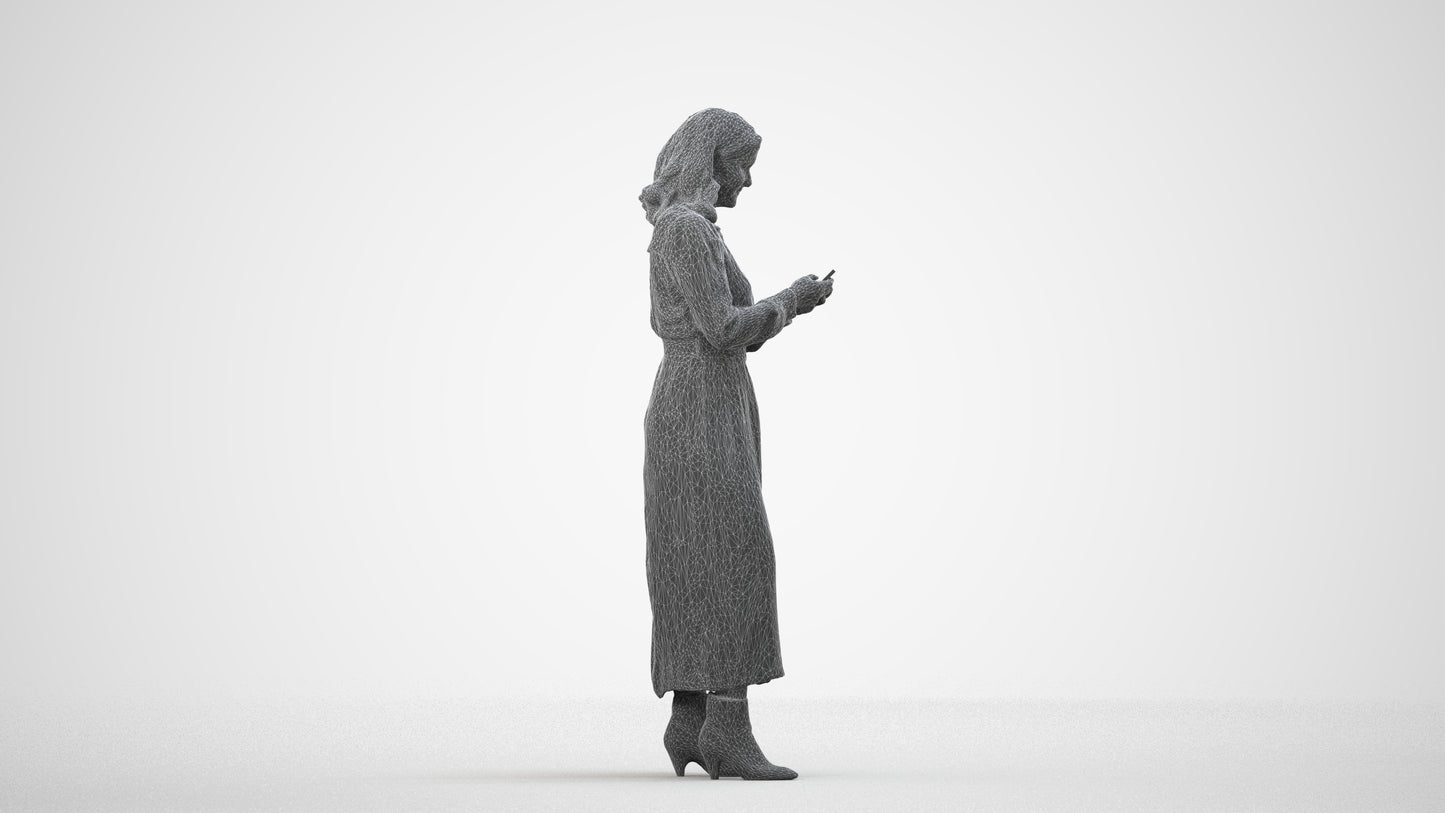 realistic 3D woman casual standing, scanned archviz people for Blender and 3ds Max, wireframe side view