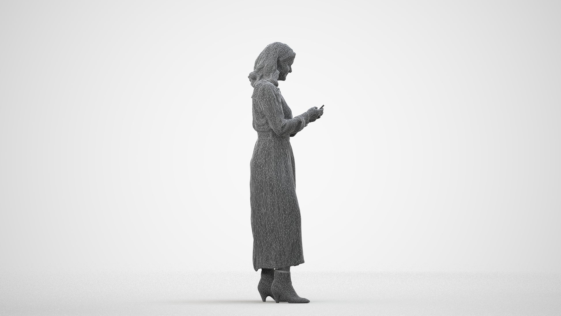 realistic 3D woman casual standing, scanned archviz people for Blender and 3ds Max, wireframe side view