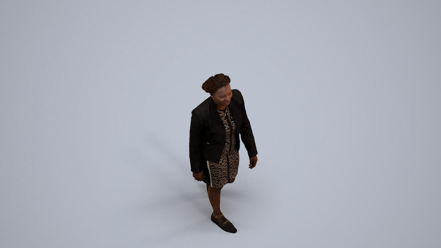 realistic 3D human woman business walking, archviz people FBX OBJ for Blender, back view render
