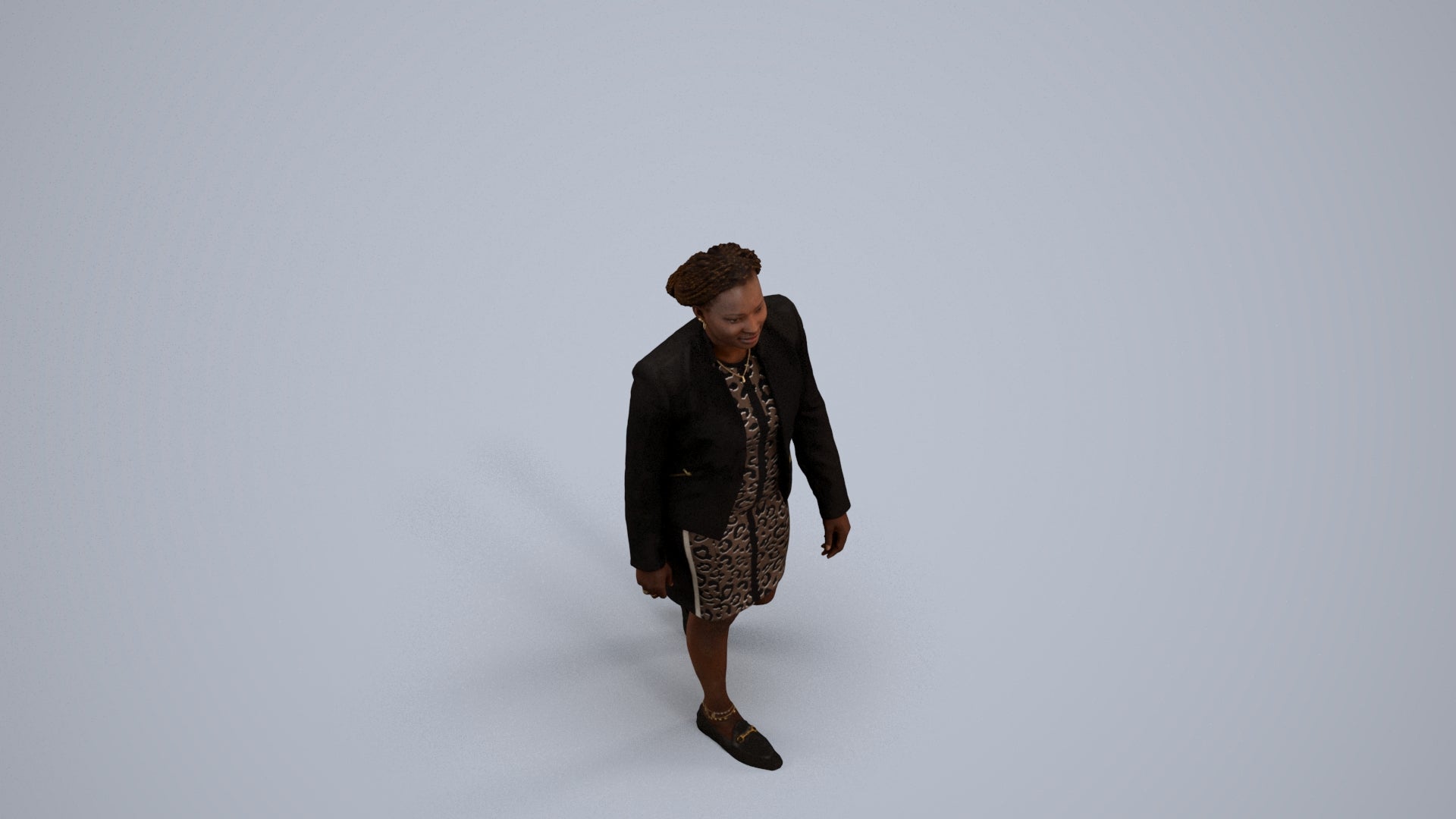 realistic 3D human woman business walking, archviz people FBX OBJ for Blender, back view render