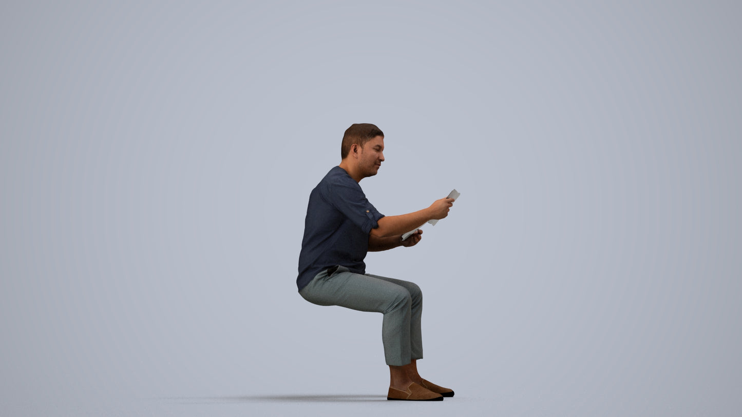 realistic 3D man casual sitting, scanned archviz people for Blender and 3ds Max, side view render