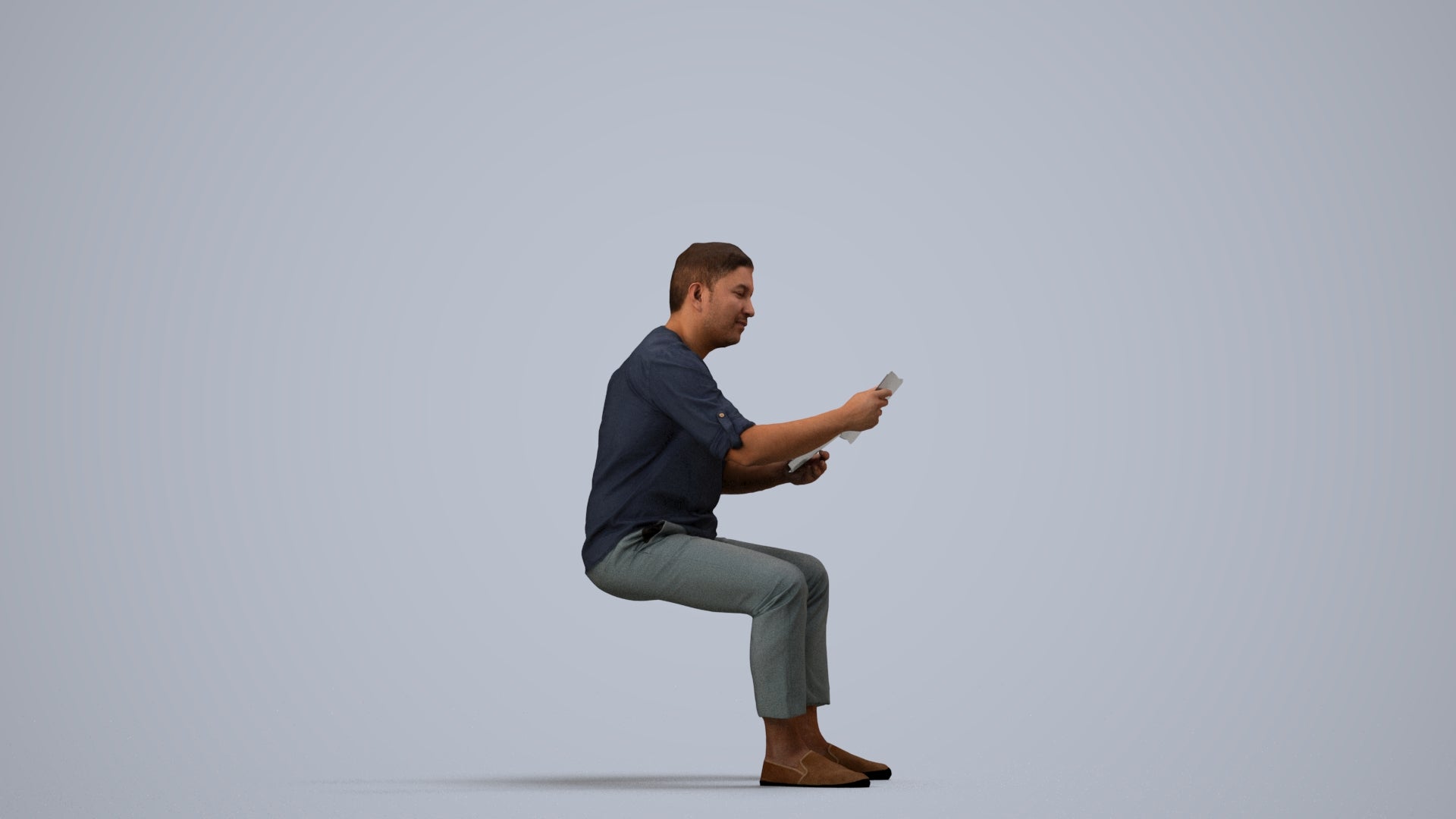 realistic 3D man casual sitting, scanned archviz people for Blender and 3ds Max, side view render