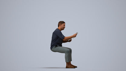realistic 3D man casual sitting, scanned archviz people for Blender and 3ds Max, side view render