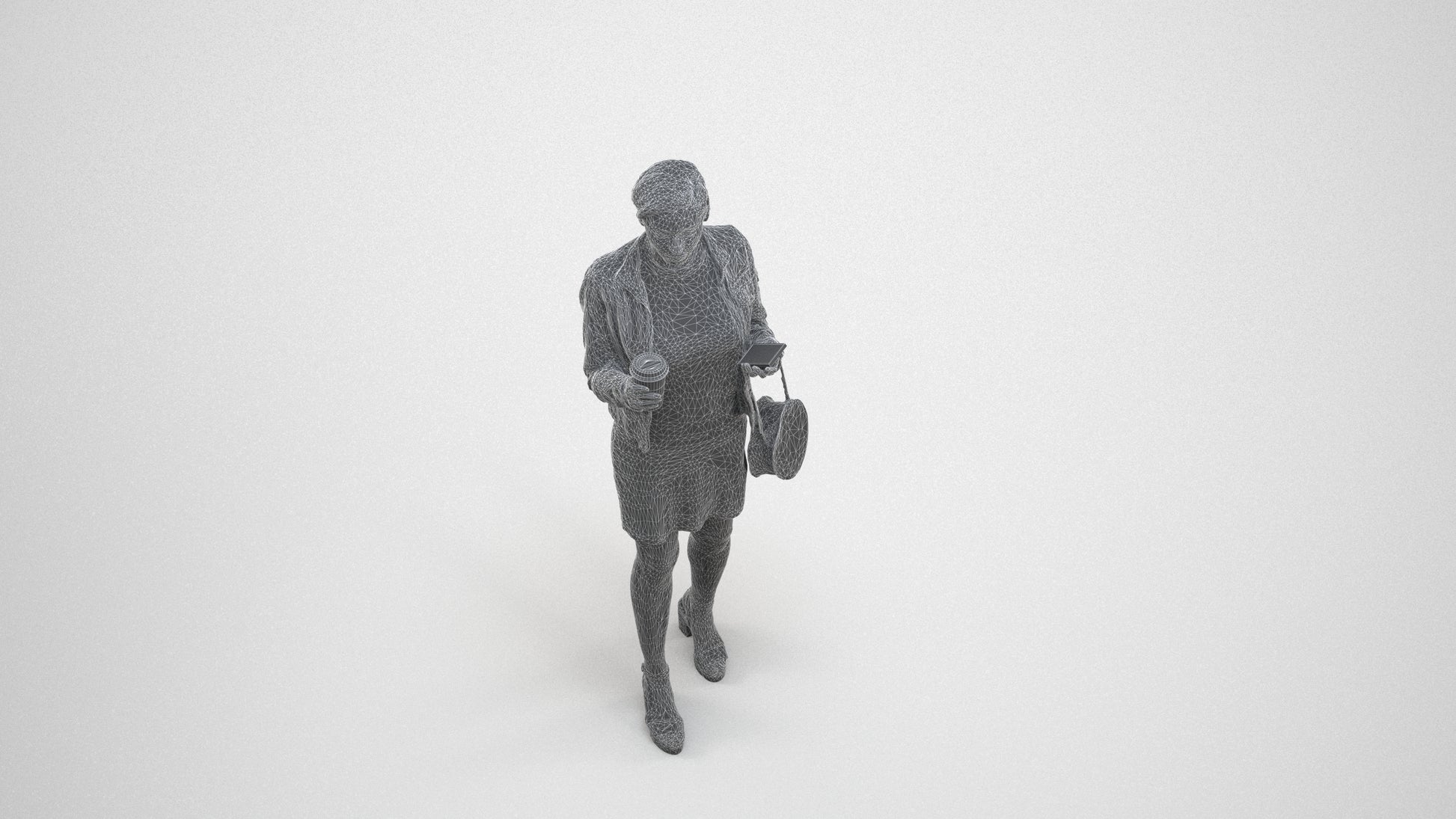 realistic 3D people woman casual standing, render-ready for V-Ray and Corona, FBX OBJ, wireframe three-quarter view