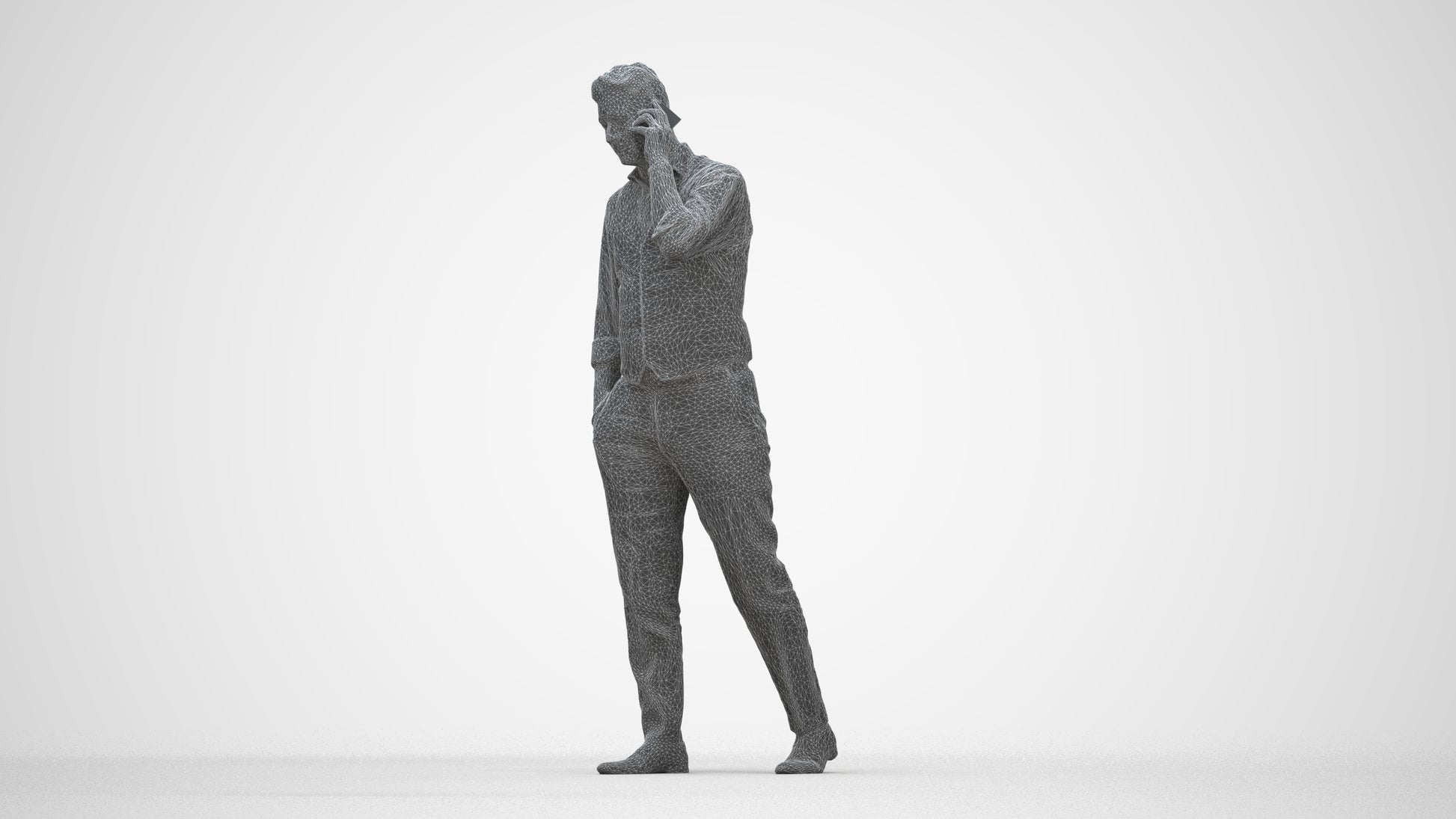 3D human model man business walking, photogrammetry scanned person for archviz, wireframe back view