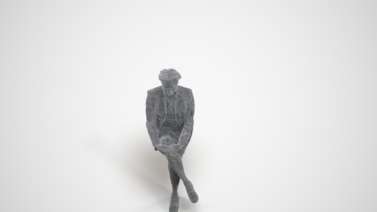 3D human model woman business sitting, photogrammetry scanned person for archviz, wireframe three-quarter view