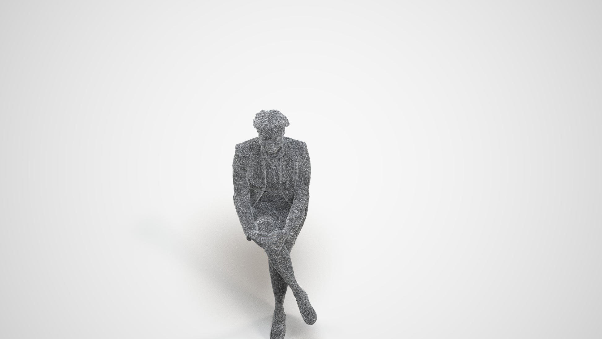 3D human model woman business sitting, photogrammetry scanned person for archviz, wireframe three-quarter view