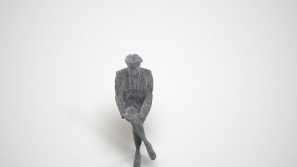 3D human model woman business sitting, photogrammetry scanned person for archviz, wireframe three-quarter view