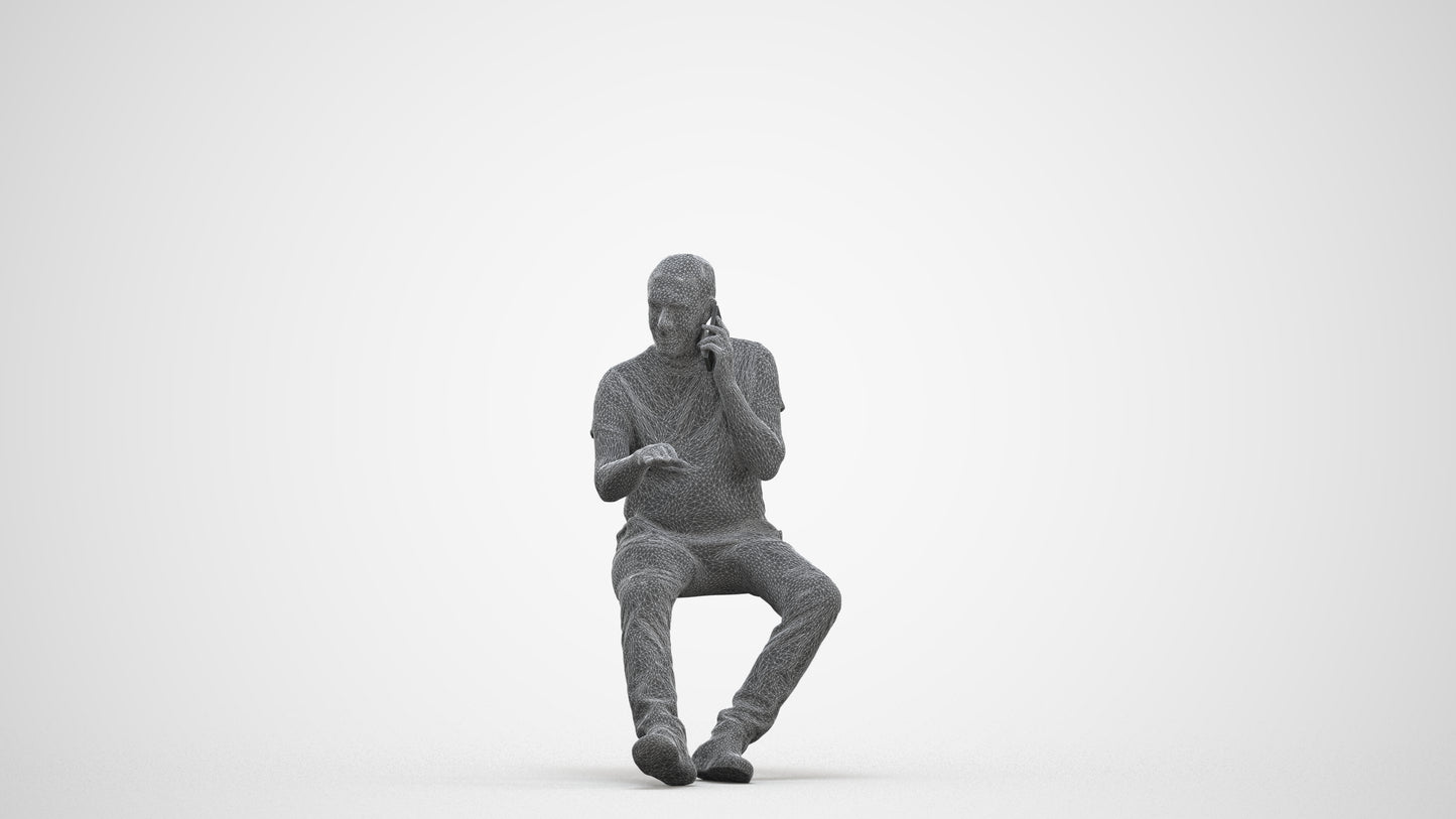 3D people model senior man casual sitting, scanned human for 3ds Max rendering, three-quarter front view render