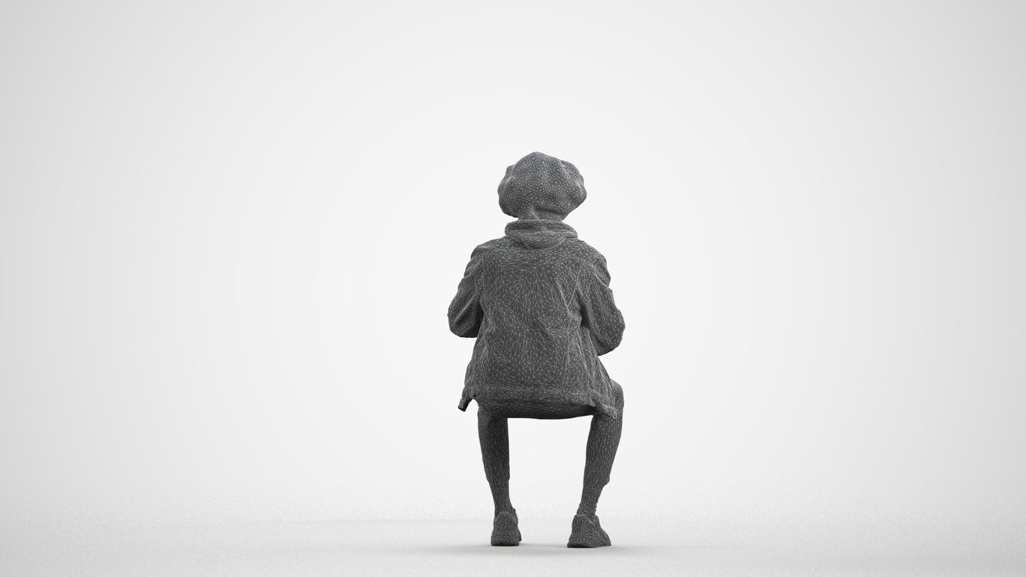 photogrammetry 3D man casual sitting, realistic human model archviz FBX, wireframe front view