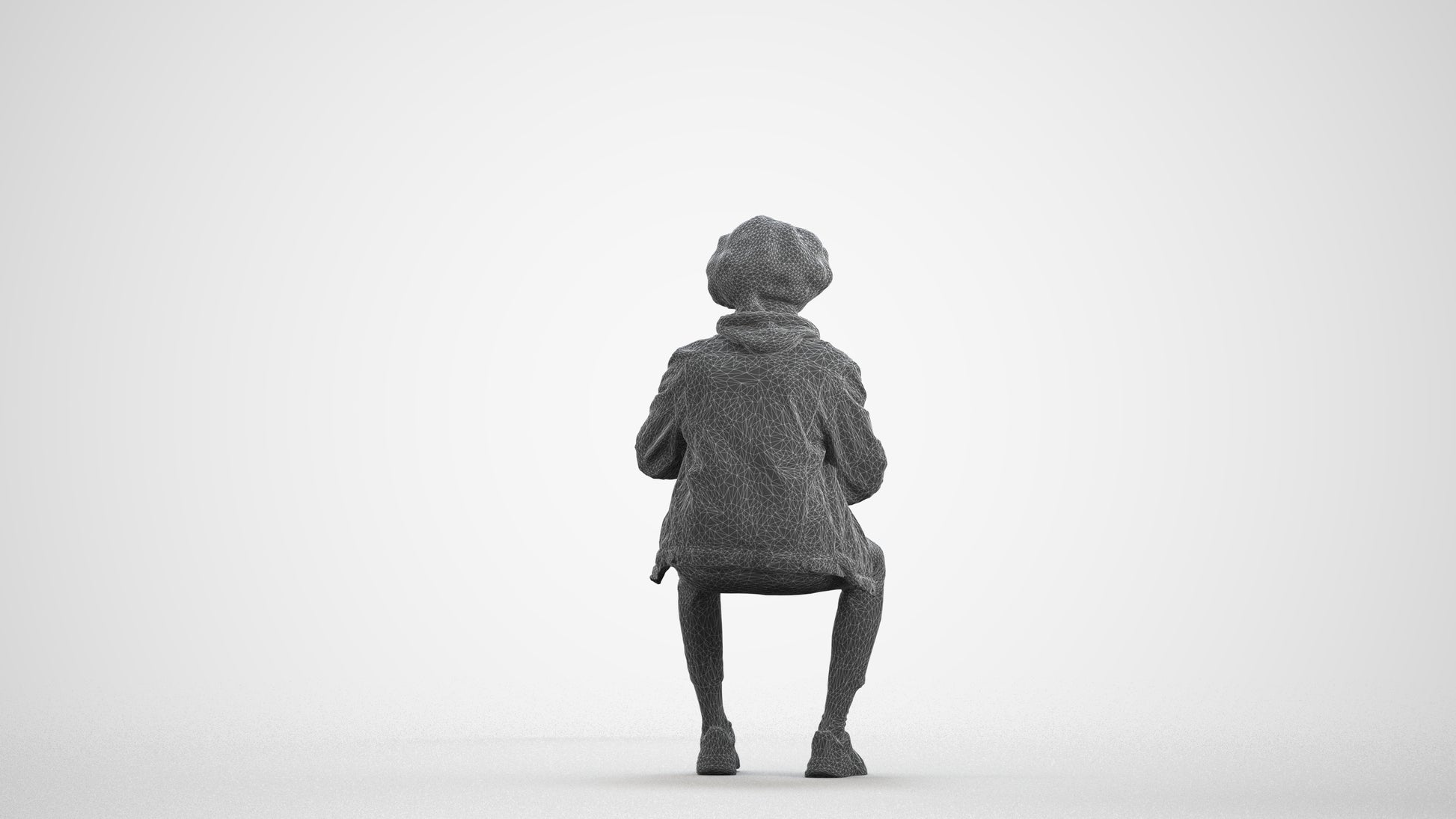photogrammetry 3D man casual sitting, realistic human model archviz FBX, wireframe front view