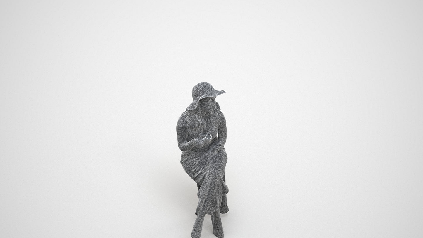 realistic 3D people woman casual sitting, render-ready for V-Ray and Corona, FBX OBJ, wireframe three-quarter view