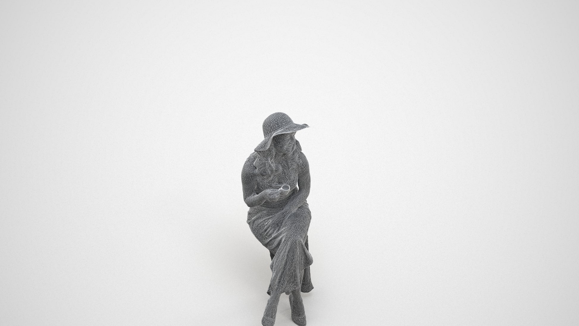realistic 3D people woman casual sitting, render-ready for V-Ray and Corona, FBX OBJ, wireframe three-quarter view