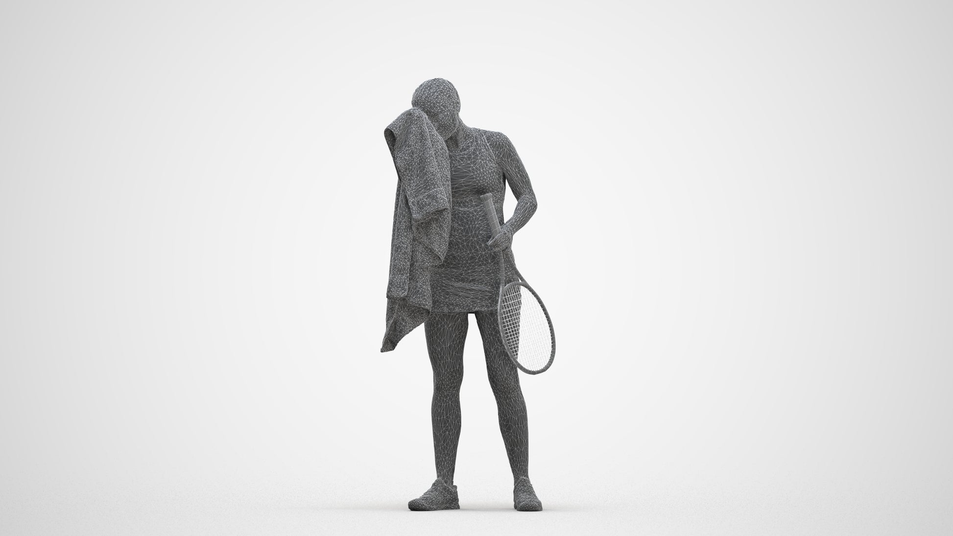 3D human model girl sport, photogrammetry scanned person for archviz, three-quarter front view render