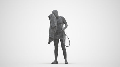 3D human model girl sport, photogrammetry scanned person for archviz, three-quarter front view render
