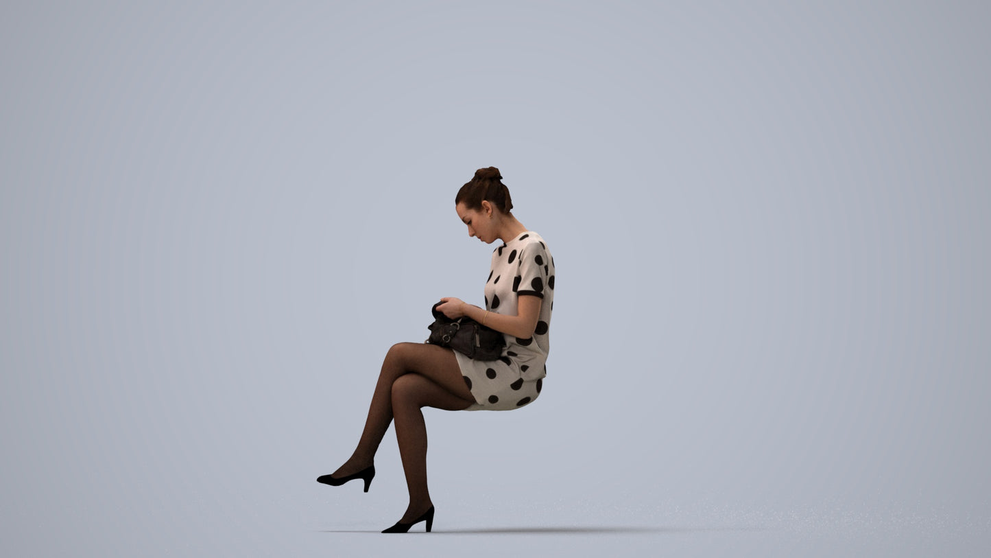 3D scanned woman sitting casual, photorealistic archviz people for Enscape and SketchUp, three-quarter view render