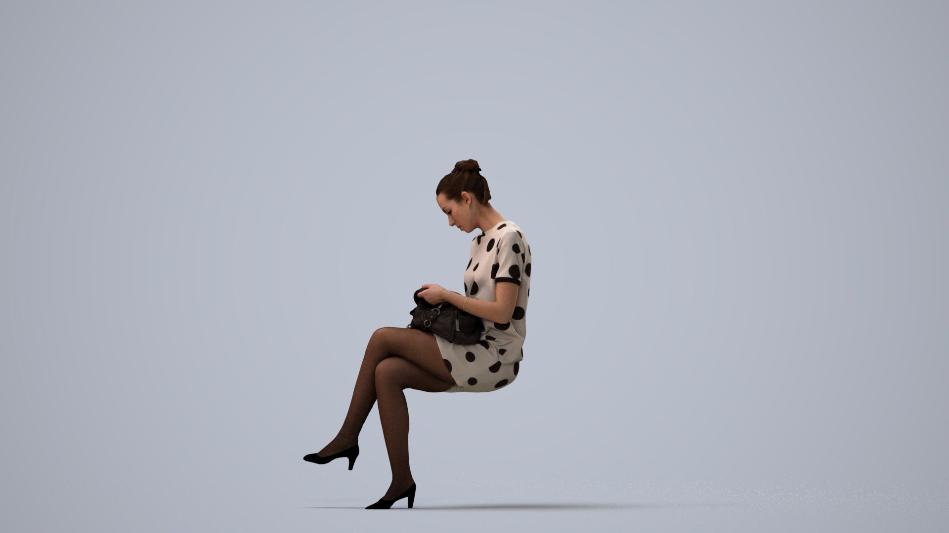 3D scanned woman sitting casual, photorealistic archviz people for Enscape and SketchUp, three-quarter view render