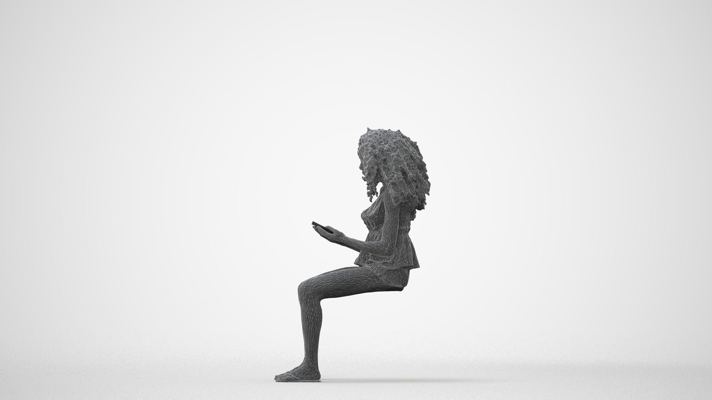 realistic 3D woman casual sitting, scanned archviz people for Blender and 3ds Max, square thumbnail