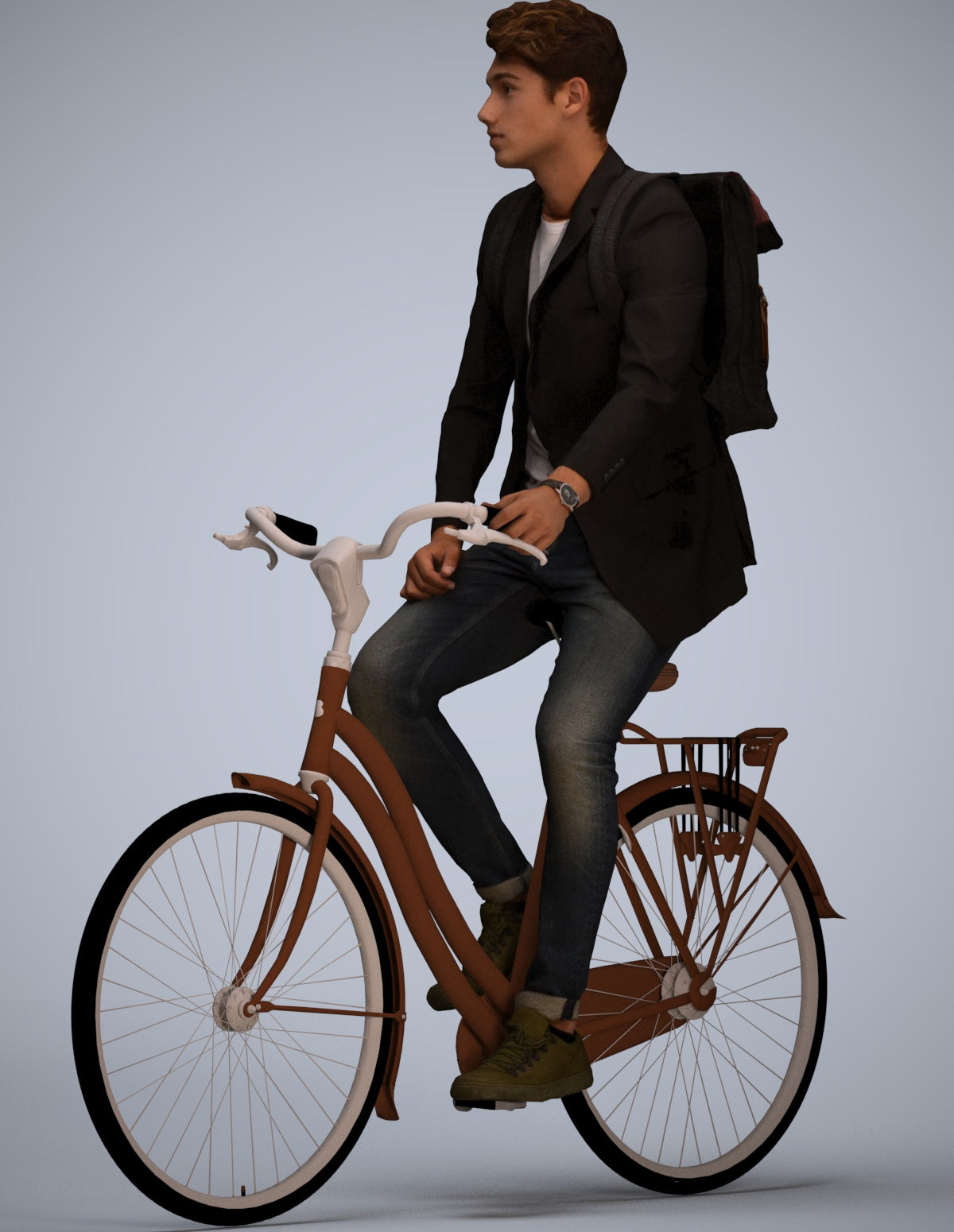 realistic 3D man casual cycling, scanned archviz people for Blender and 3ds Max