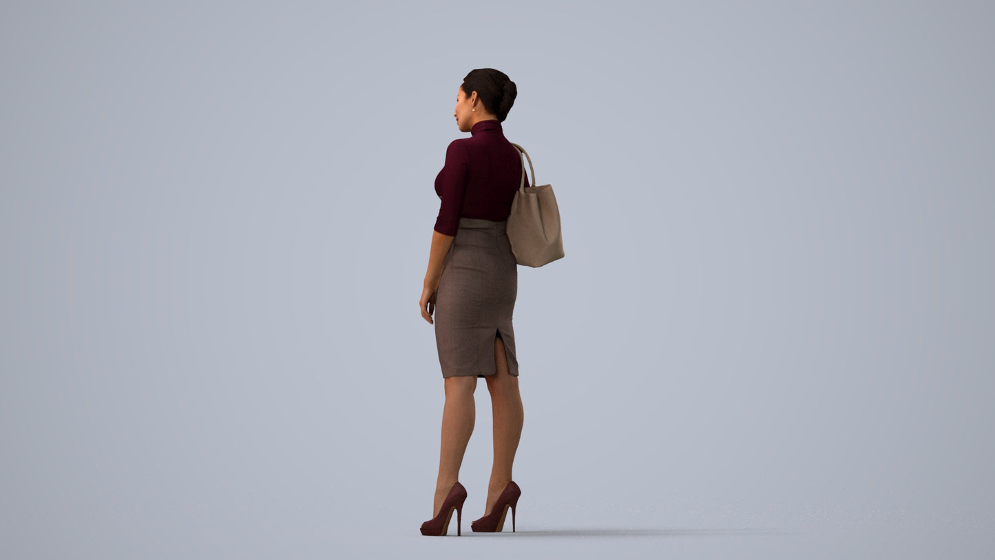 3D scanned woman standing business, photorealistic archviz people for Enscape and SketchUp, three-quarter view render