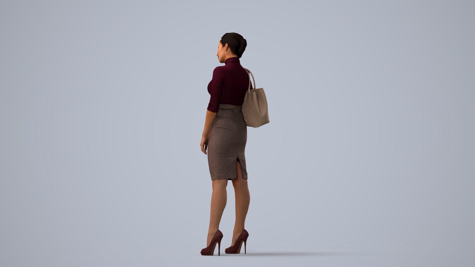 3D scanned woman standing business, photorealistic archviz people for Enscape and SketchUp, three-quarter view render