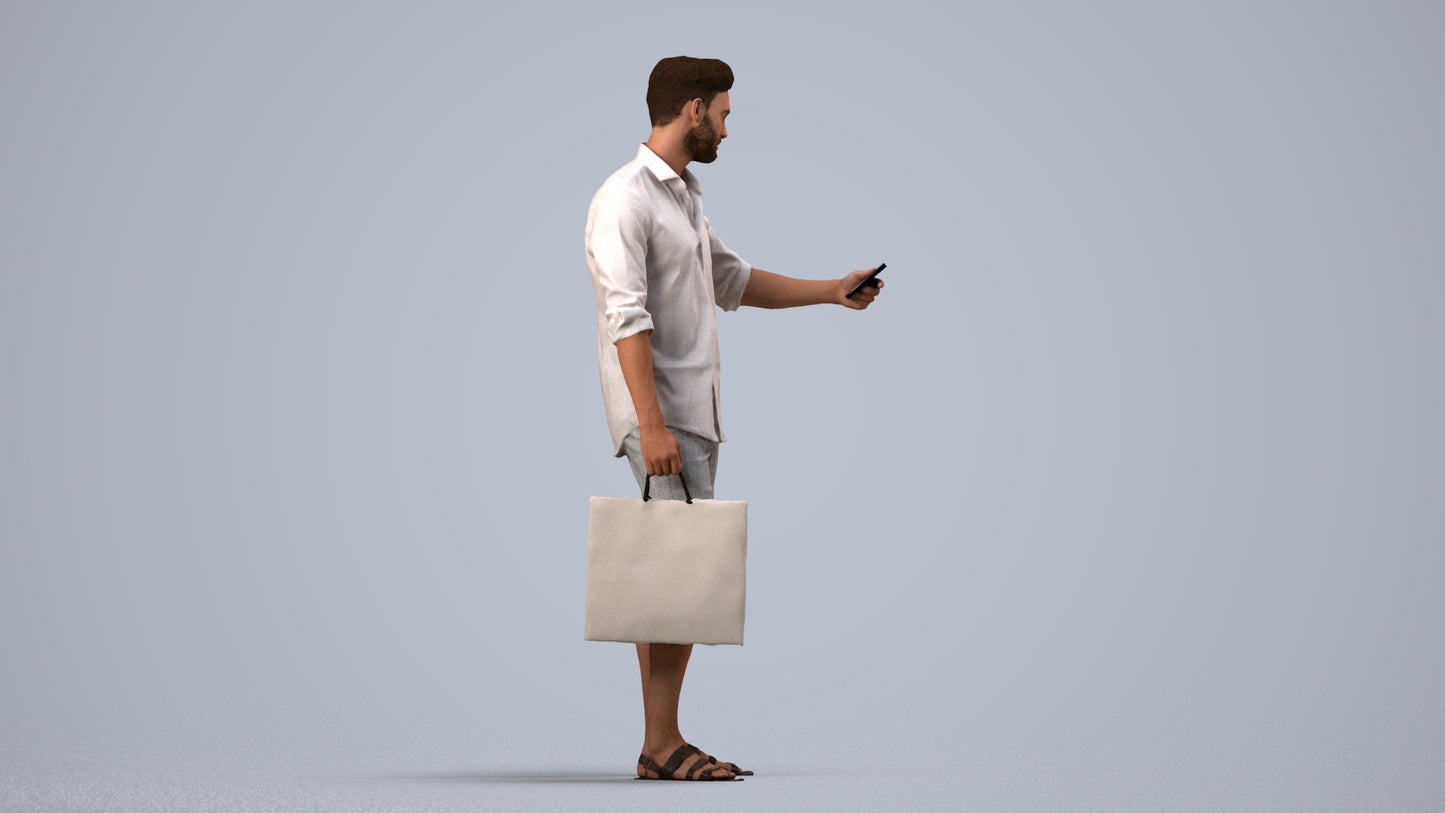3D scanned man standing casual, photorealistic archviz people for Enscape and SketchUp, side view render
