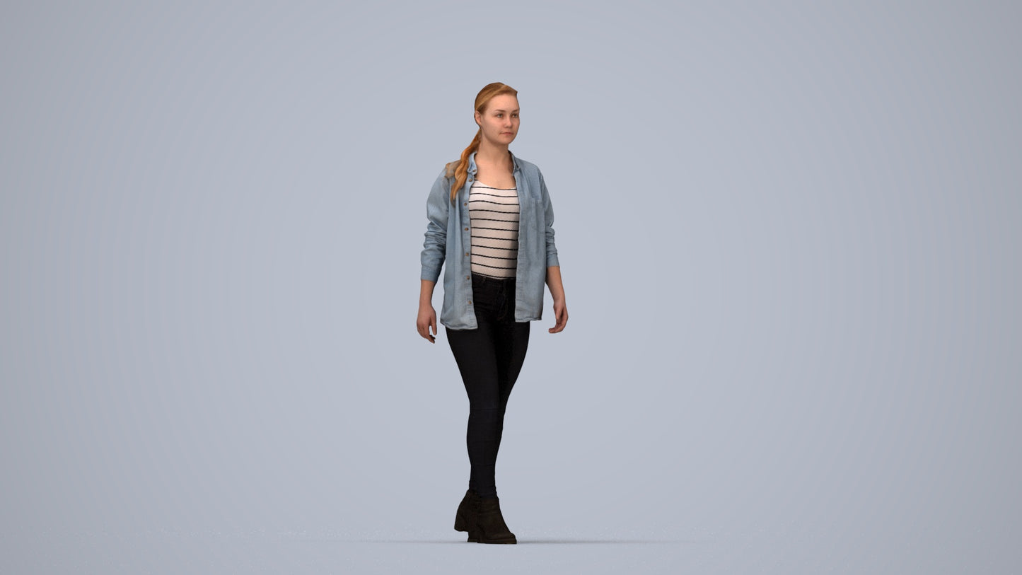 realistic 3D woman casual walking, scanned archviz people for Blender and 3ds Max, top-down view render