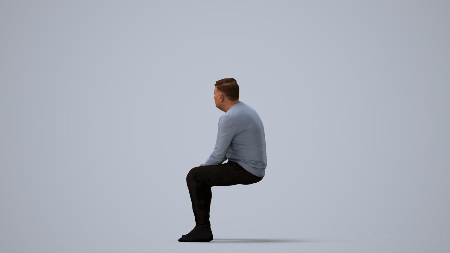 3D human model man casual sitting, photogrammetry scanned person for archviz, three-quarter view render