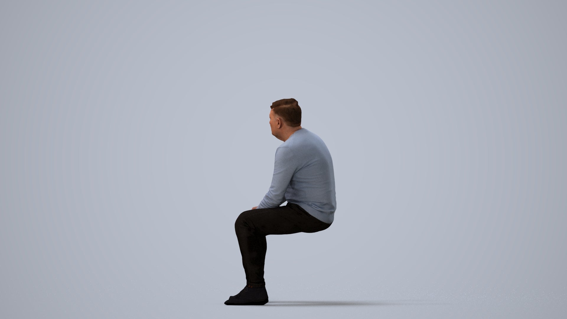 3D human model man casual sitting, photogrammetry scanned person for archviz, three-quarter view render