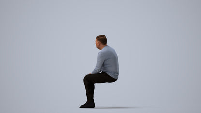 3D human model man casual sitting, photogrammetry scanned person for archviz, three-quarter view render