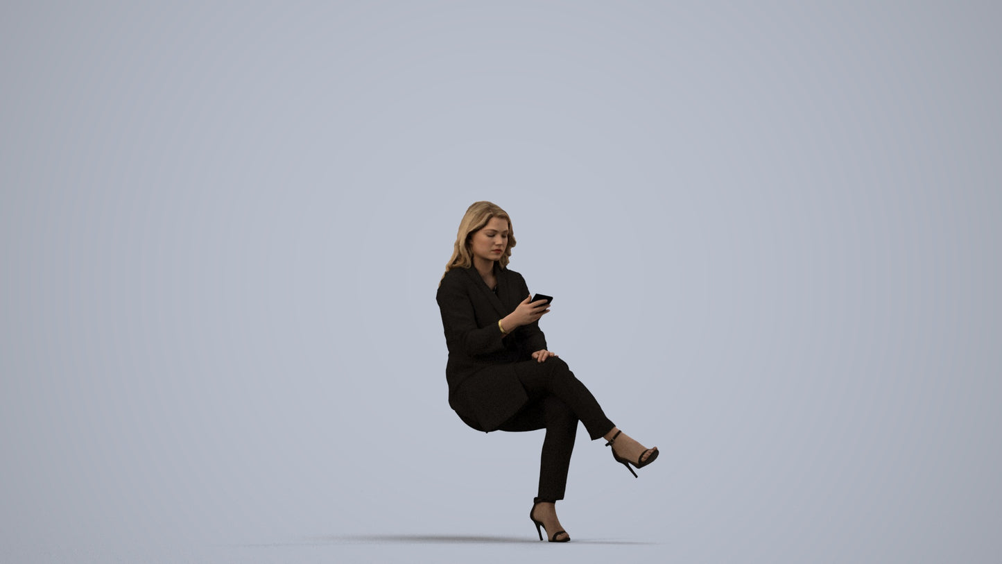 photogrammetry 3D woman business sitting, realistic human model archviz FBX, side view render