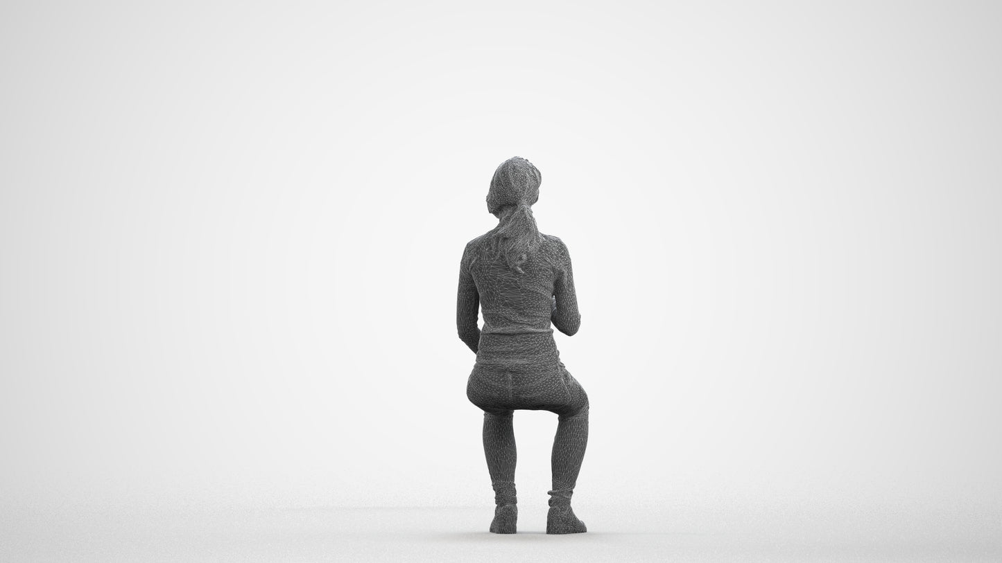 scanned 3D woman casual sitting, photogrammetry people for Enscape and V-Ray, wireframe front view