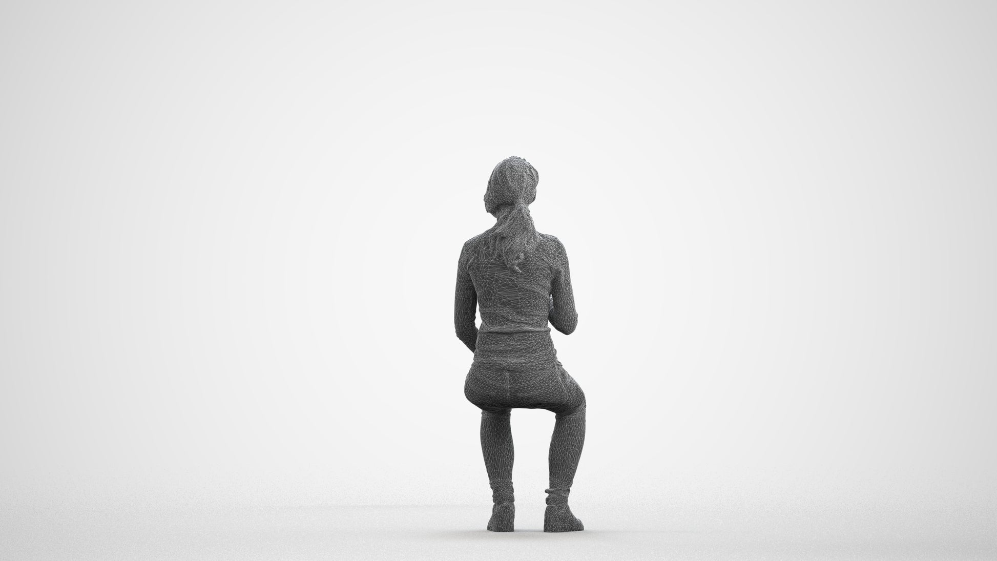 scanned 3D woman casual sitting, photogrammetry people for Enscape and V-Ray, wireframe front view