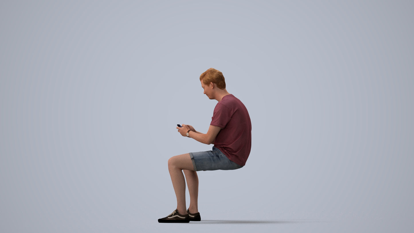3D scanned man sitting casual, photorealistic archviz people for Enscape and SketchUp, three-quarter view render