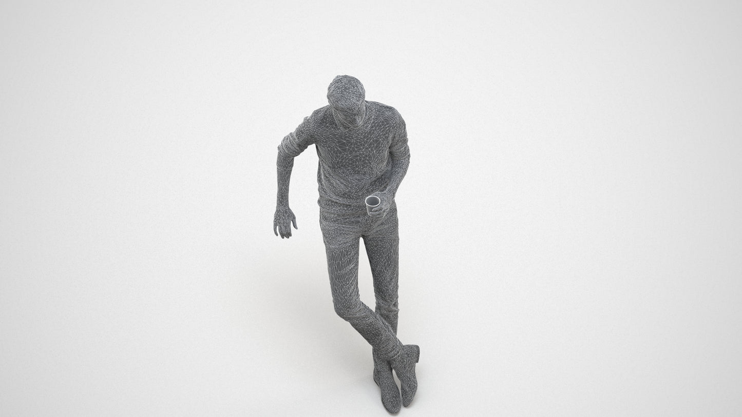 realistic 3D human man casual sitting, archviz people FBX OBJ for Blender, wireframe three-quarter view