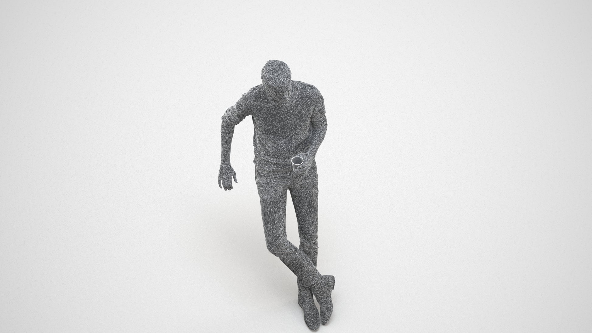 realistic 3D human man casual sitting, archviz people FBX OBJ for Blender, wireframe three-quarter view